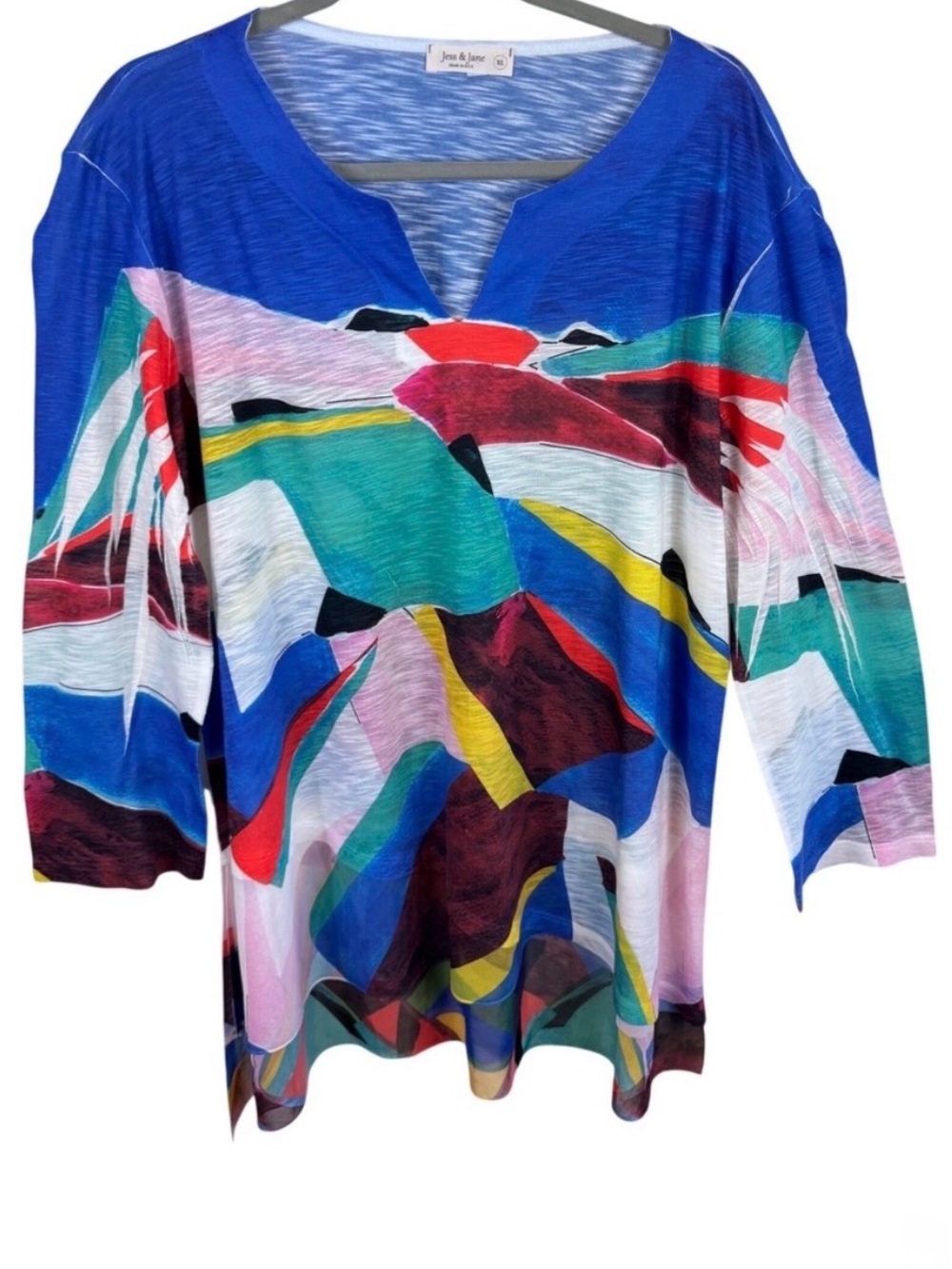 Jess & Jane Womens XL Abstract Print V-Neck 3/4 Sleeve Tunic Top Blue Multi